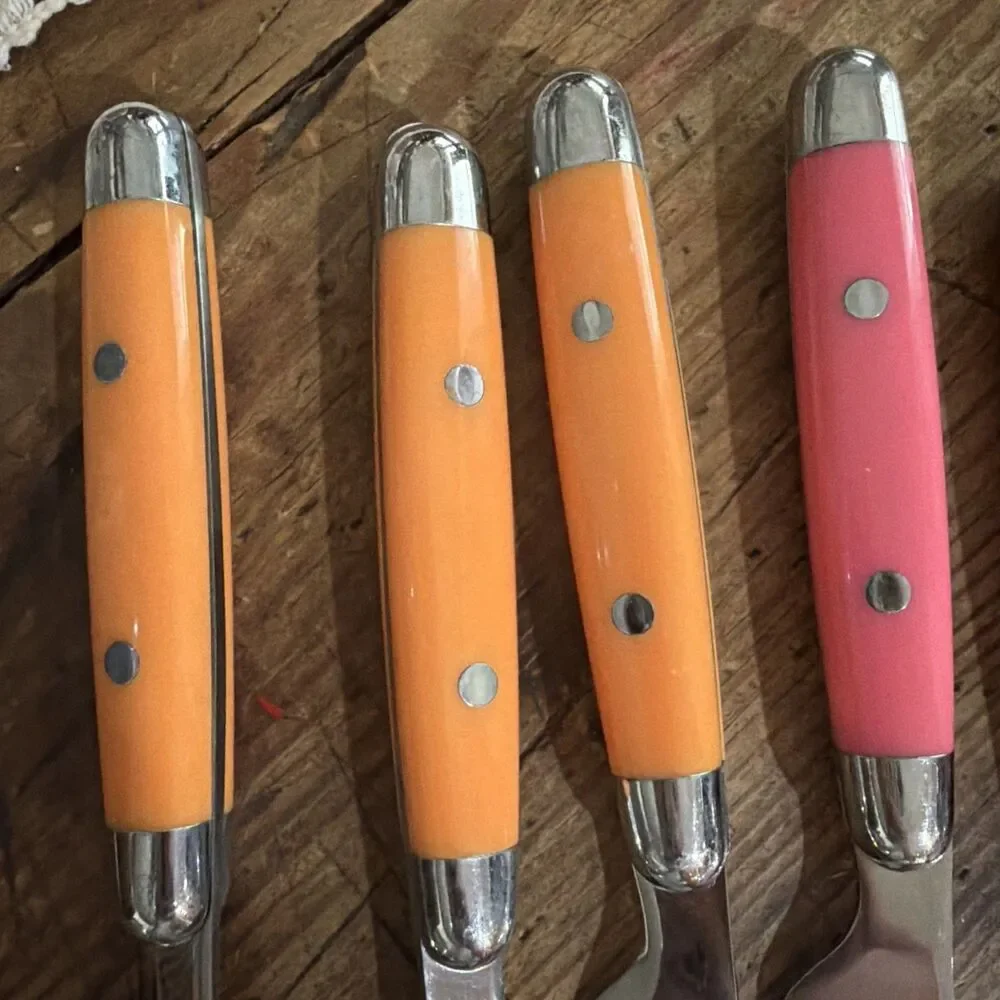 CAMBRIDGE JUBILEE Orange/Pink Stainless Flatware Riveted Handle Set of 5